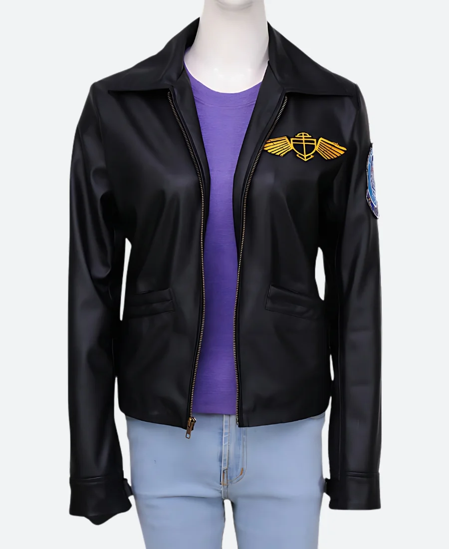 Kelly McGillis Top Gun Charlie Black Leather Jacket Front