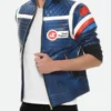 My Chemical Romance Party Poison Blue Leather Jacket Side Pose
