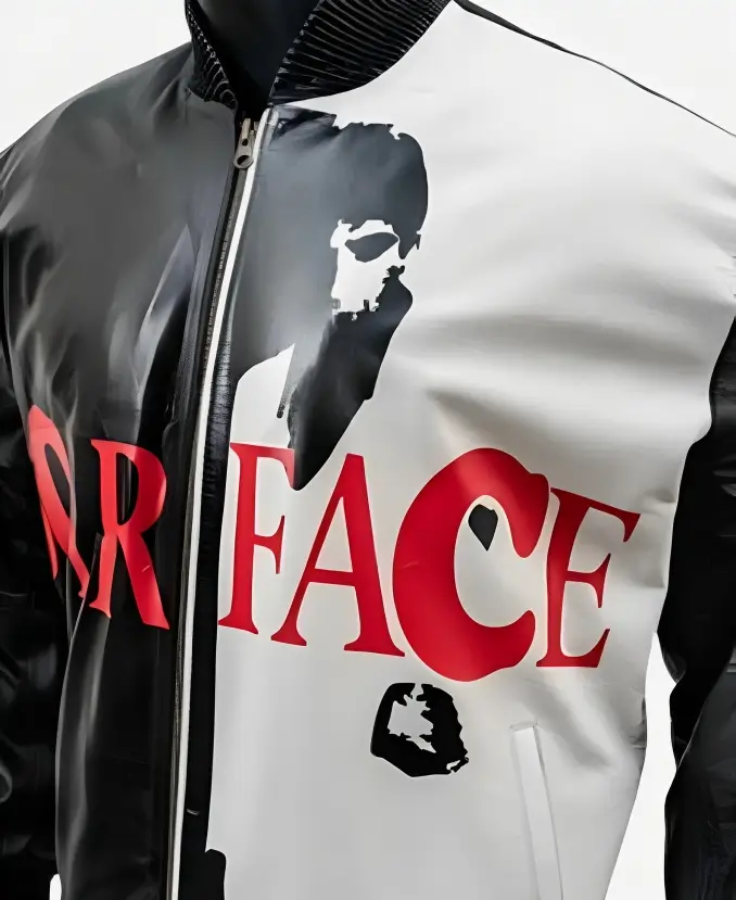 Al Pacino Scarface Tony Montana Black Leather Bomber Jacket Close Up Image