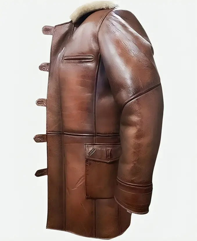 Tom Hardy The Dark Knight Rises Bane Shearling Leather Trench Coat Side Pose
