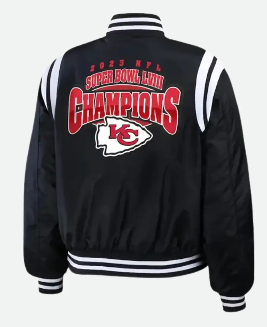 NFL Superbowl LVIII Champions Erin Andrews Kansas City Chiefs Black Varsity Jacket Back