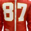 Taylor Swift Kansas City Chiefs Travis Kelce Red Puffer Jacket Front Close Up Image