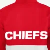Taylor Swift New Era Kansa City Chiefs Red and White Windbreaker Jacket Back Close Up Image