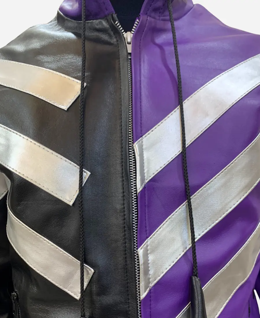 Tekken 8 Reina Black and Purple Leather Hooded Bomber Jacket Front Close Up