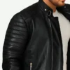 Ed Skrein Deadpool Ajax Black Leather Biker Jacket Side Closer Look