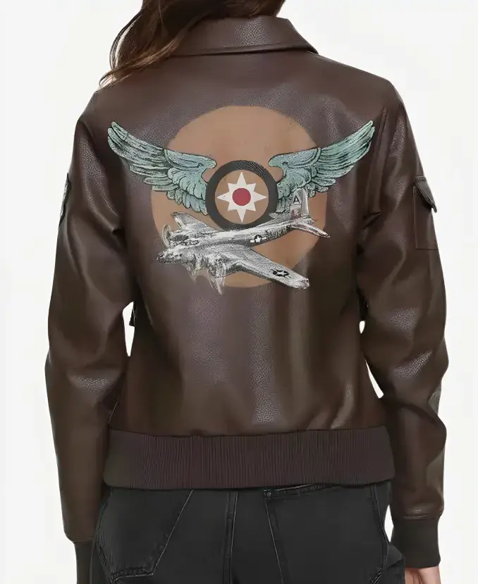 Brie Larson Captain Marvel Carol Danvers Air Force Brown Leather Bomber Aviator Jacket Back