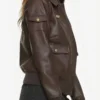 Brie Larson Captain Marvel Carol Danvers Air Force Brown Leather Bomber Aviator Jacket Side Pose
