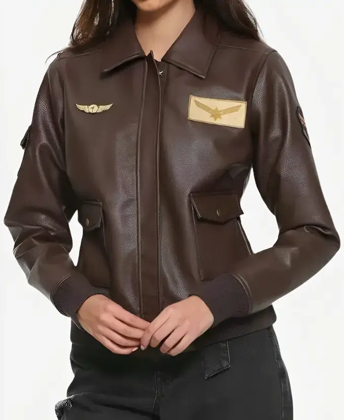 Brie Larson Captain Marvel Carol Danvers Air Force Brown Leather Bomber Aviator Jacket