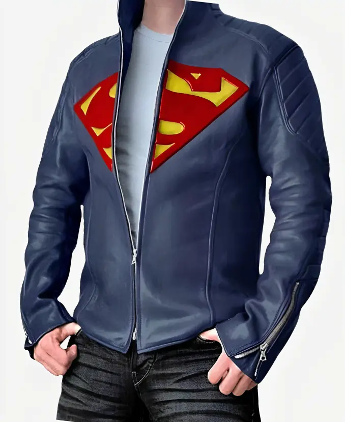 Henry Cavill Man of Steel Superman Clark Kent Blue Leather Motorcycle Jacket Front