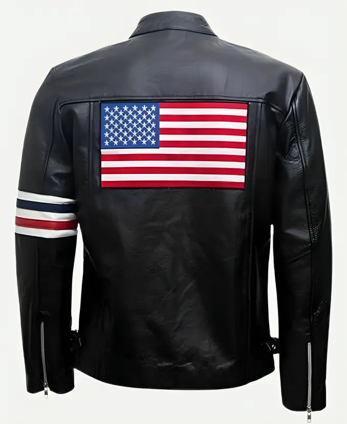 Peter Fonda Easy Rider Wyatt Captain America USA Flag Leather Motorcycle Jacket Back
