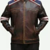 USA Flag Distressed Brown Leather Motorcycle Jacket