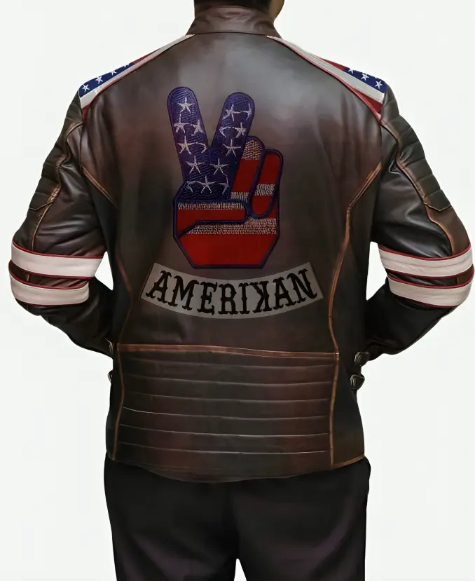 USA Flag Distressed Brown Leather Motorcycle Jacket Back