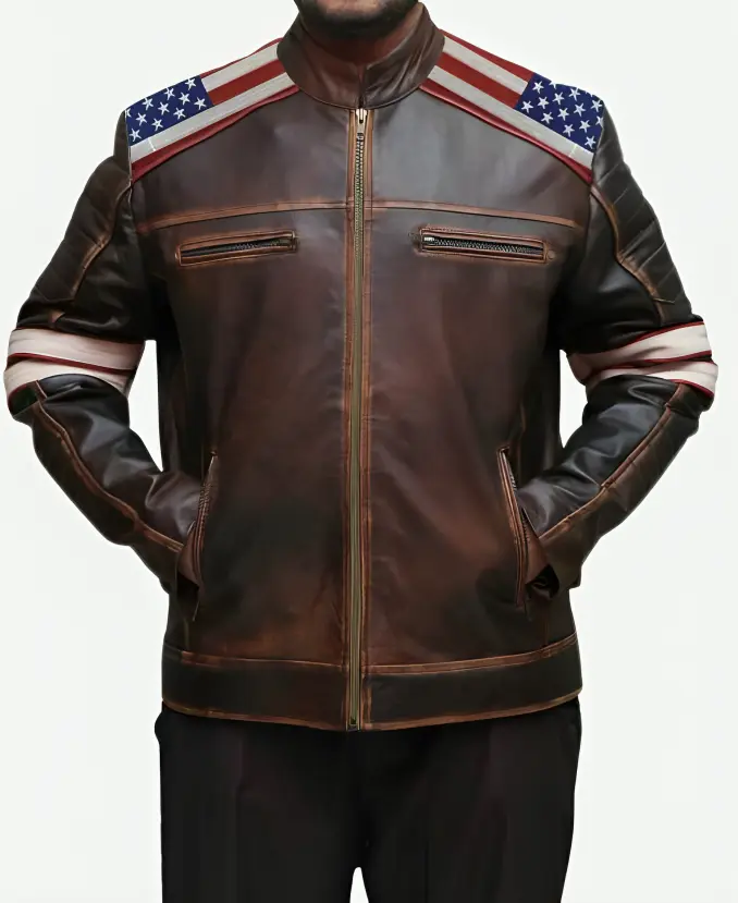 USA Flag Distressed Brown Leather Motorcycle Jacket