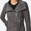 Emmy Raver Lampman The Umbrella Academy Season 03 Allison Hargreeves Grey Suede Leather Jacket Front