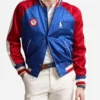 Jessica Chastain Paris 2024 Olympics Team USA Blue Satin Baseball Varsity Jacket