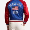 Jessica Chastain Paris 2024 Olympics Team USA Blue Satin Baseball Varsity Jacket Back