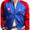 Jessica Chastain Paris 2024 Olympics Team USA Blue Satin Baseball Varsity Jacket Front