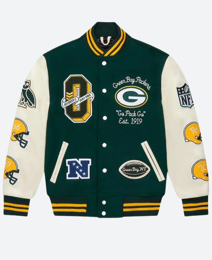 OVO X Green Bay Packers Varsity Jacket Front Image