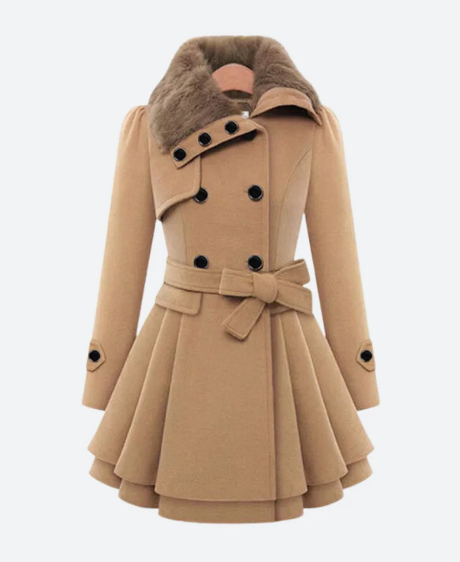 Classic Women Fur Khaki Peacoat Front Image