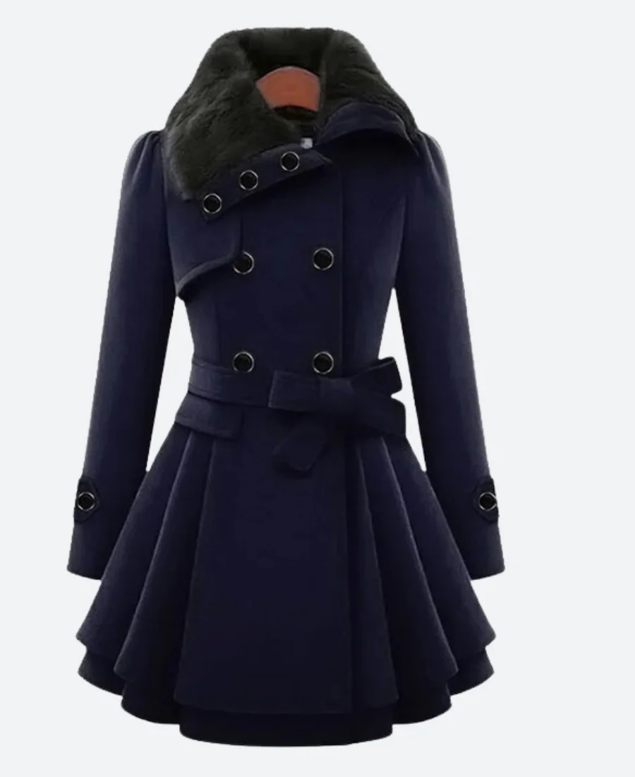 Classic Women Fur Navy Blue Peacoat Front Image