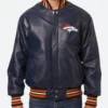 Denver Broncos Blue Varsity Leather Jacket Front Image