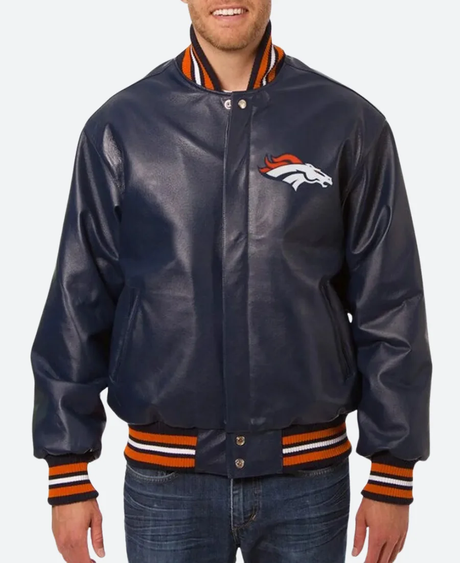 Denver Broncos Blue Varsity Leather Jacket Front Image