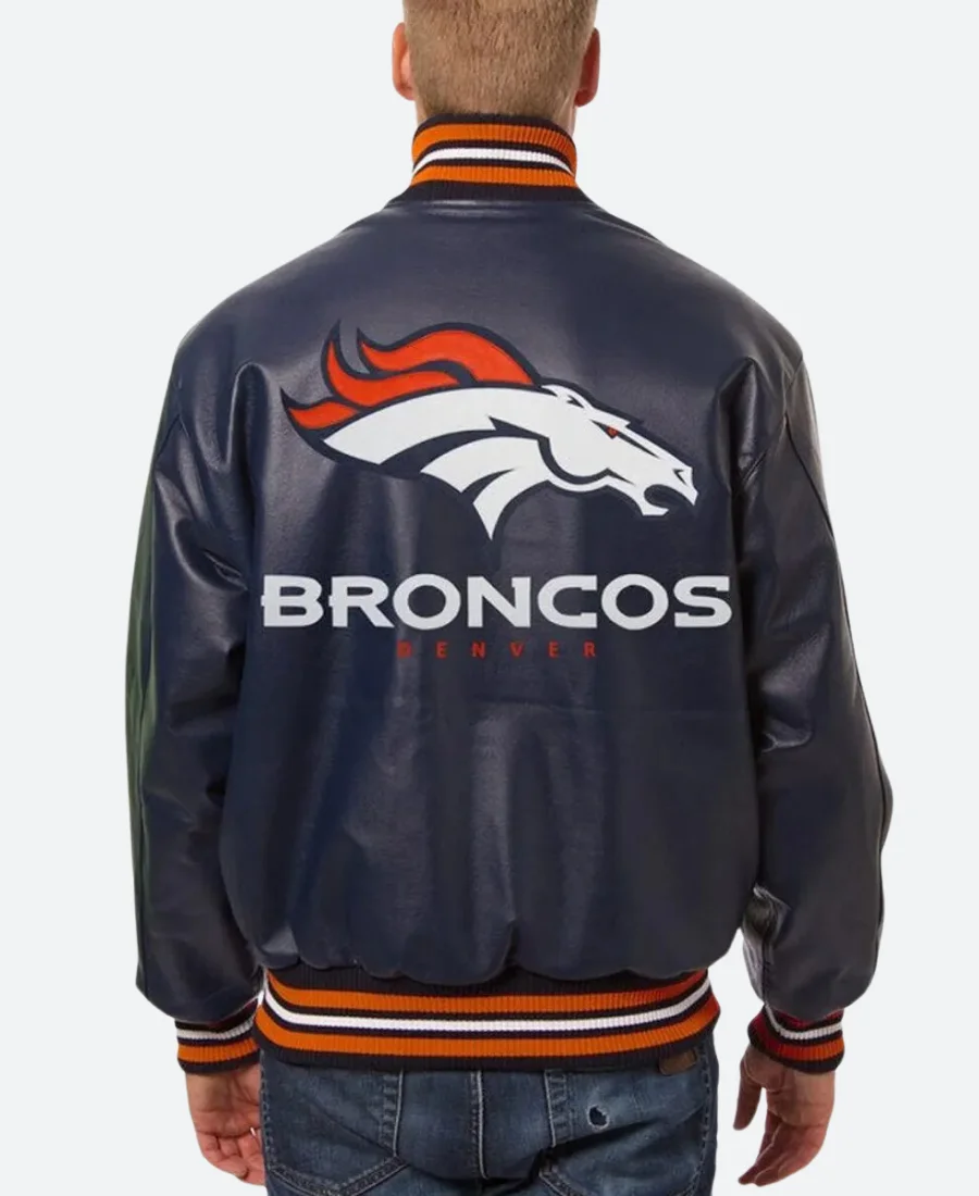 Denver Broncos Blue Varsity Leather Jacket back Image