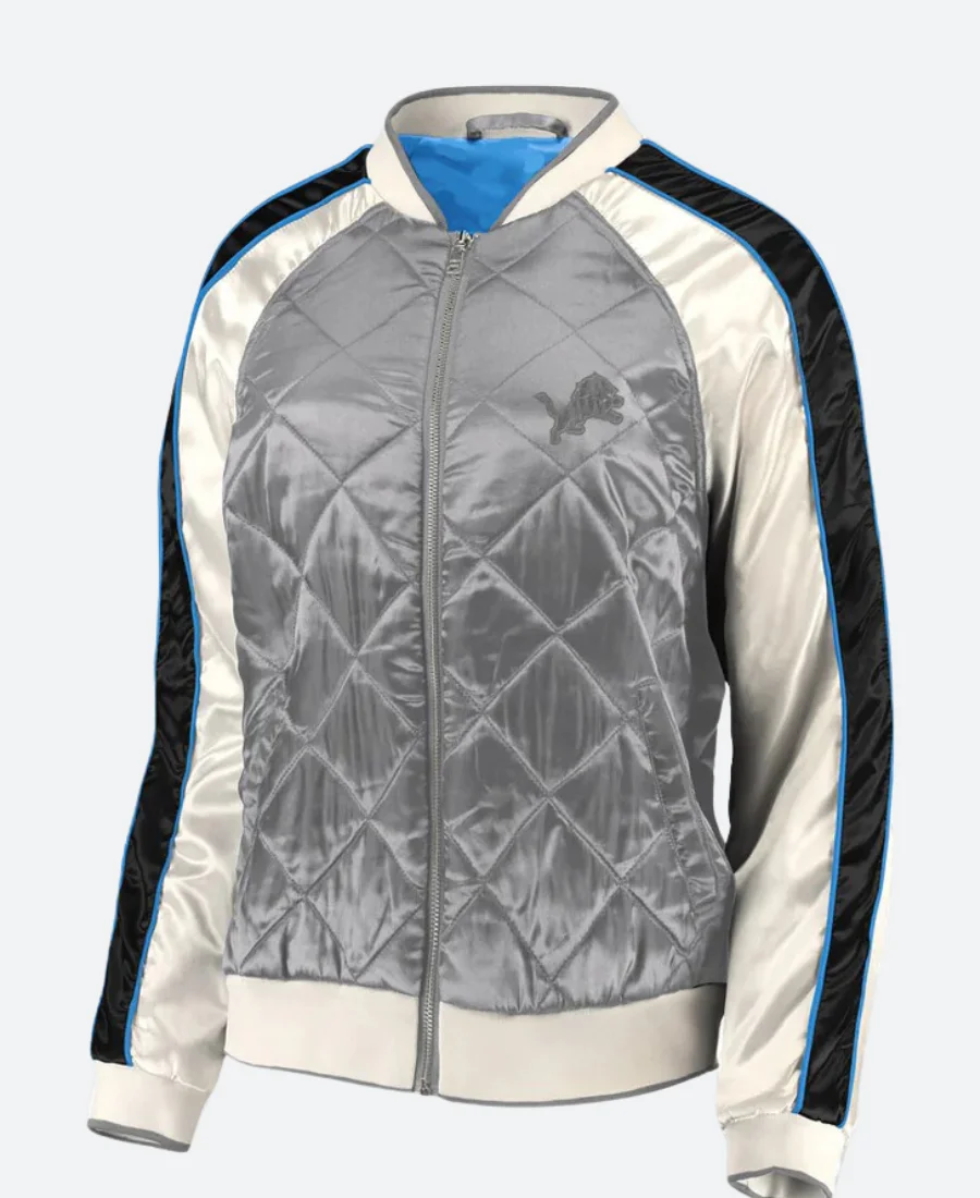 Erin Andrews Detroit Lions Grey Quilted Jacket Front Image