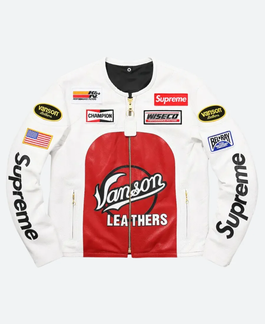 Supreme Vanson Leather Star White Jacket Front Image