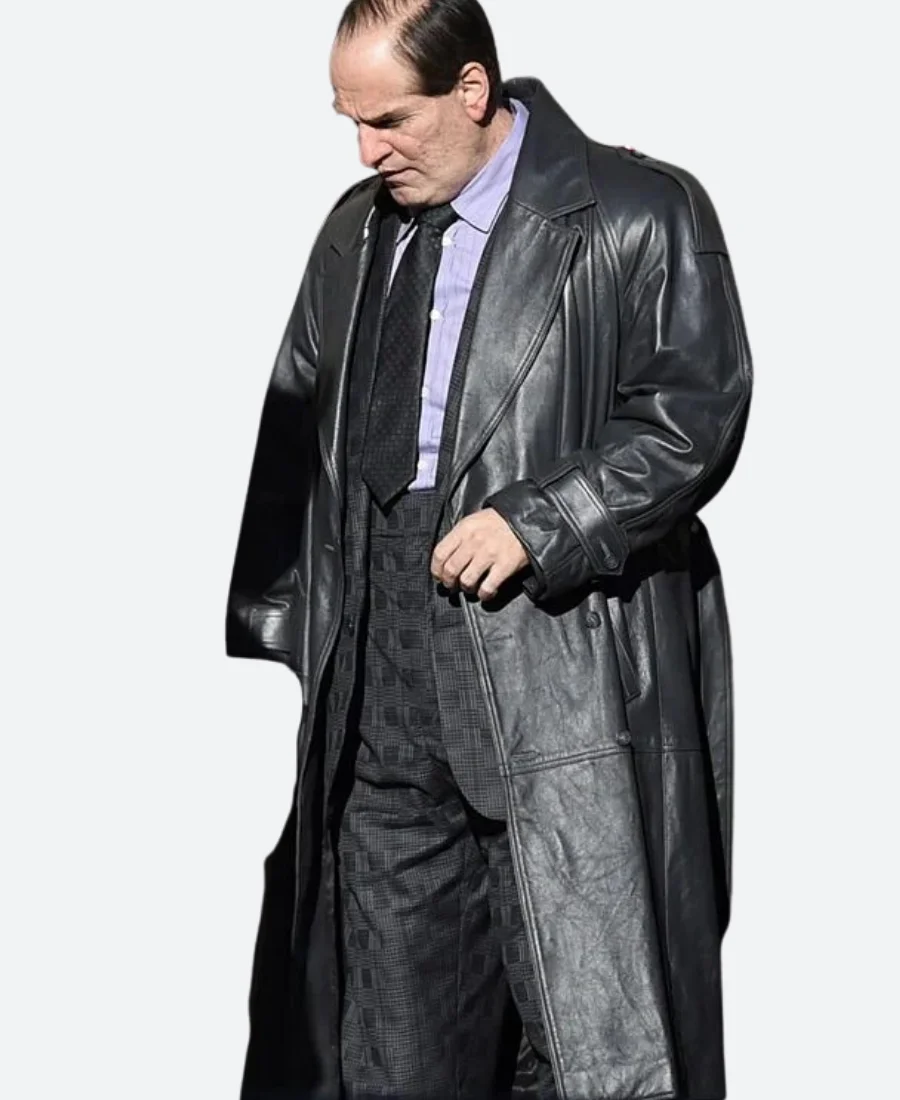 The Penguin Oswald Oz Cobb Leather Trench Coat Left Side Image