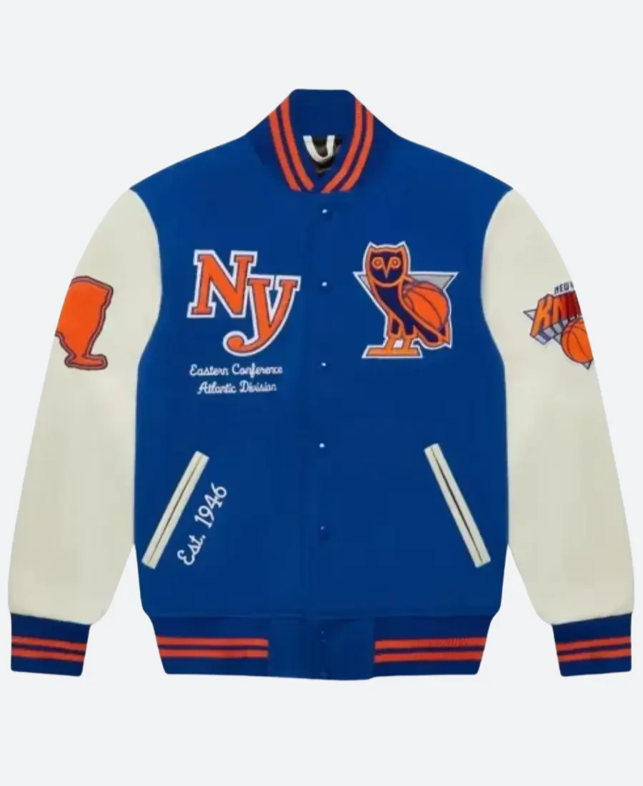 OVO X NY Knicks Varsity Jacket Front Image