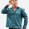 Caught Stealing Austin Butler Blue Shirt Front Image
