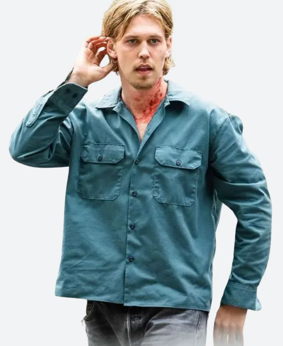 Caught Stealing Austin Butler Blue Shirt Front Image