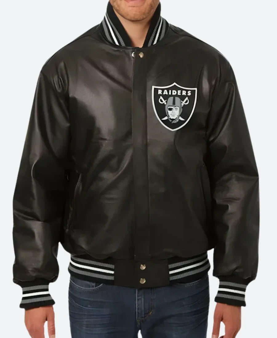 Las Vegas Raiders Black Leather Varsity Jacket Front Image