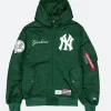 NY Yankees X Alpha Industries Hooded Bomber Jacket Green Front Image