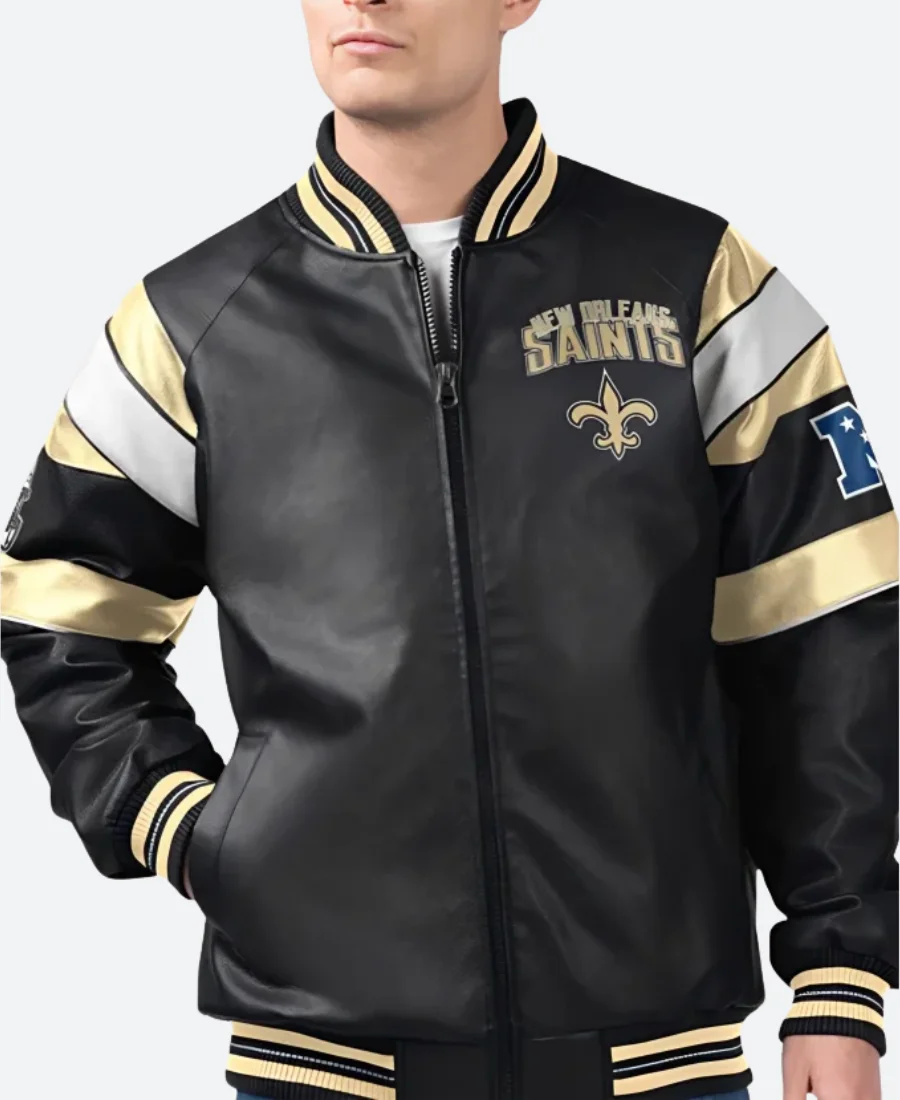 New Orleans Saints Leather Bomber Jacket Style 01 Front Image
