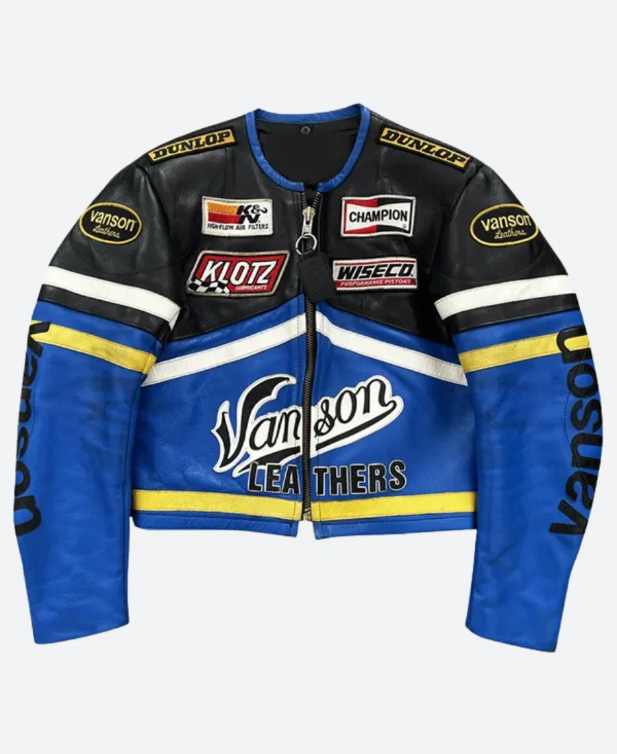 Vanson Blue Leather Motorcycle Jacket Front Image