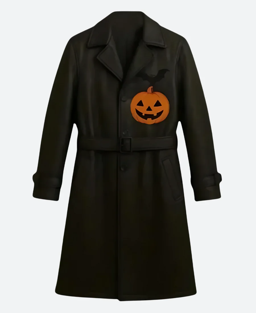 Halloween Pumpkin & Bat Leather Trench Coat back Image
