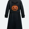 Halloween Pumpkin & Bat Leather Trench Coat back Image