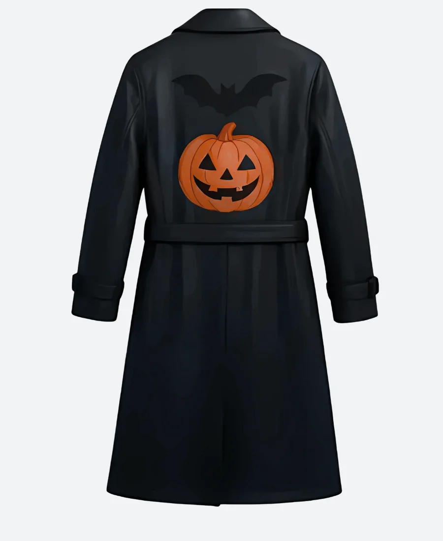 Halloween Pumpkin & Bat Leather Trench Coat back Image