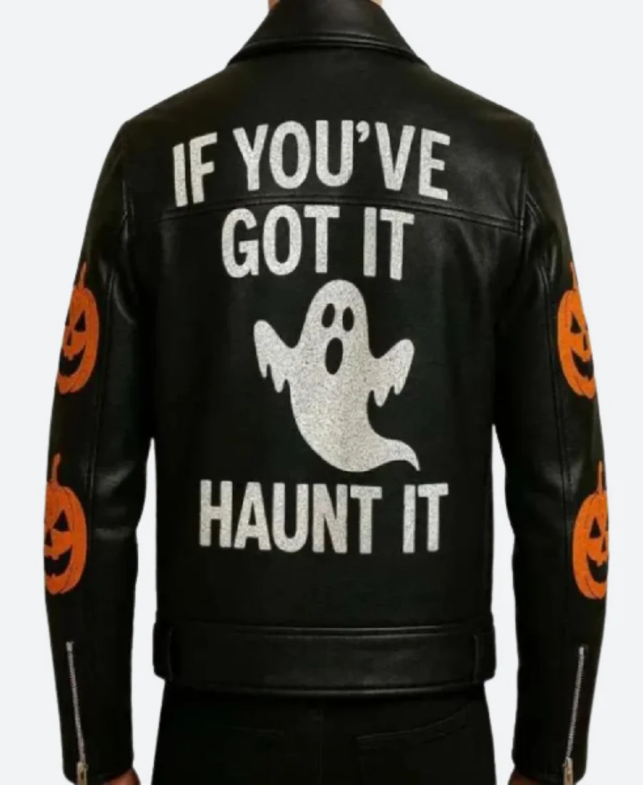 Halloween Pumpkin & Bat Leather Trench Coat back Image