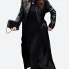 Michelle Dockery NYC 2025 Black Leather Trench Coat Front Image
