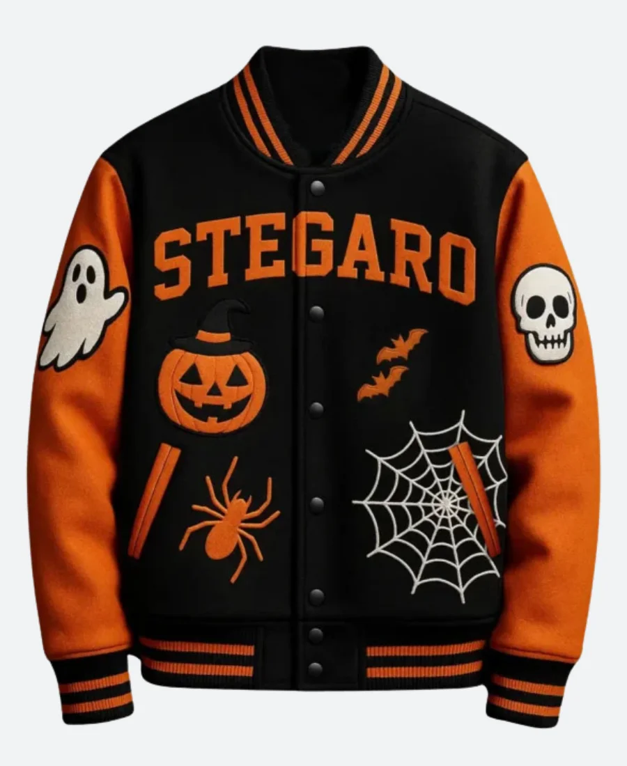 Halloween Pumpkin Stegaro Varsity Jacket Front Image