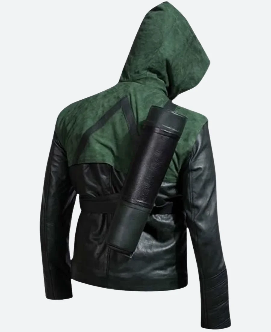 Arrow Oliver Queen Hooded Leather Jacket Back Image