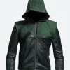 Arrow Oliver Queen Hooded Leather Jacket Front Image