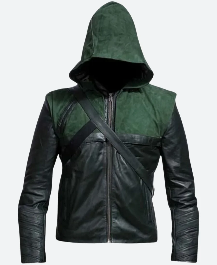 Arrow Oliver Queen Hooded Leather Jacket Front Image