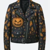 Halloween Ghost & Pumpkin Leather Jacket Front Image