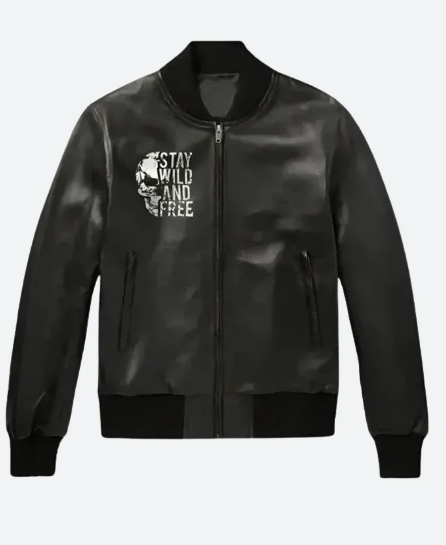 Stay Wild And Free Leather Bomber Jacket Front Image