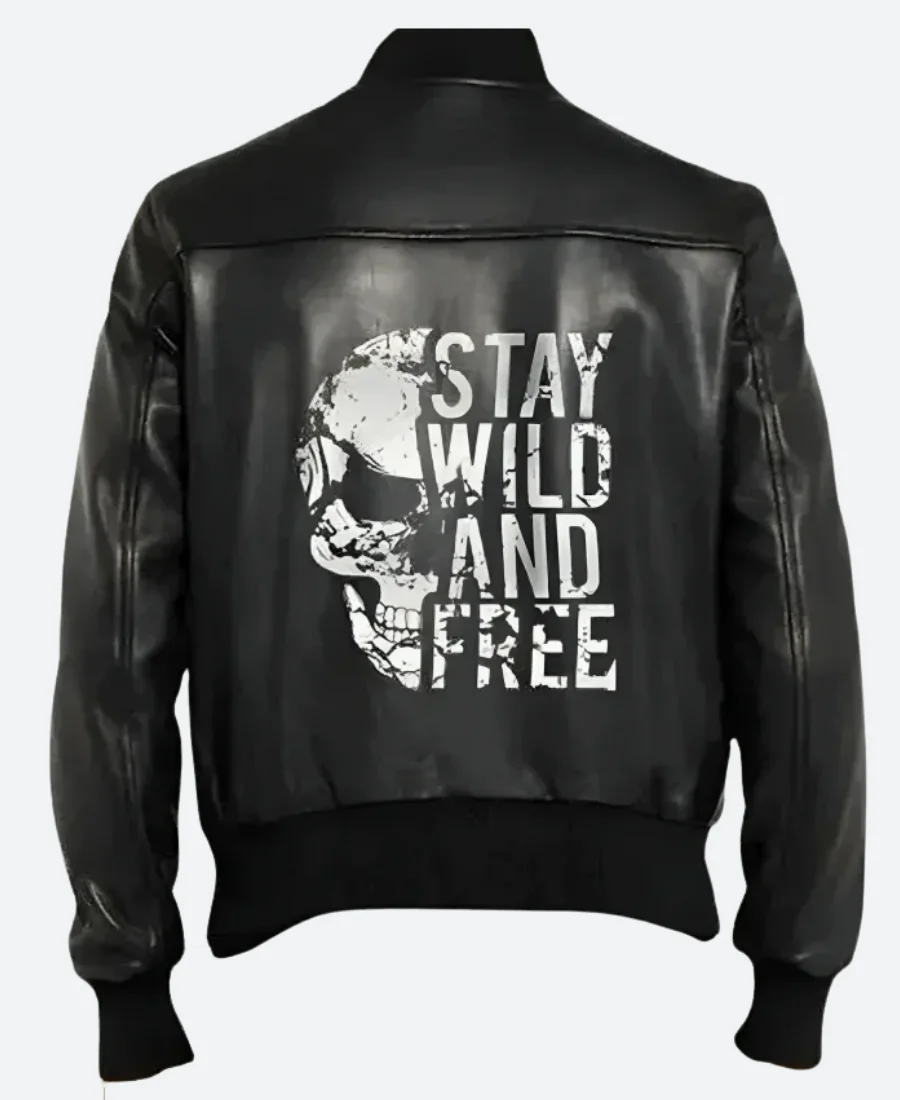 Stay Wild And Free Leather Bomber Jacket back Image